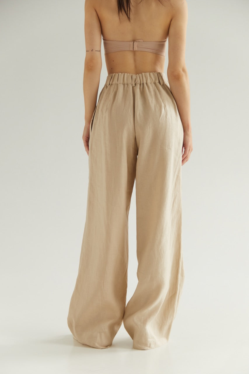 Beige Palazzo Pants Linen