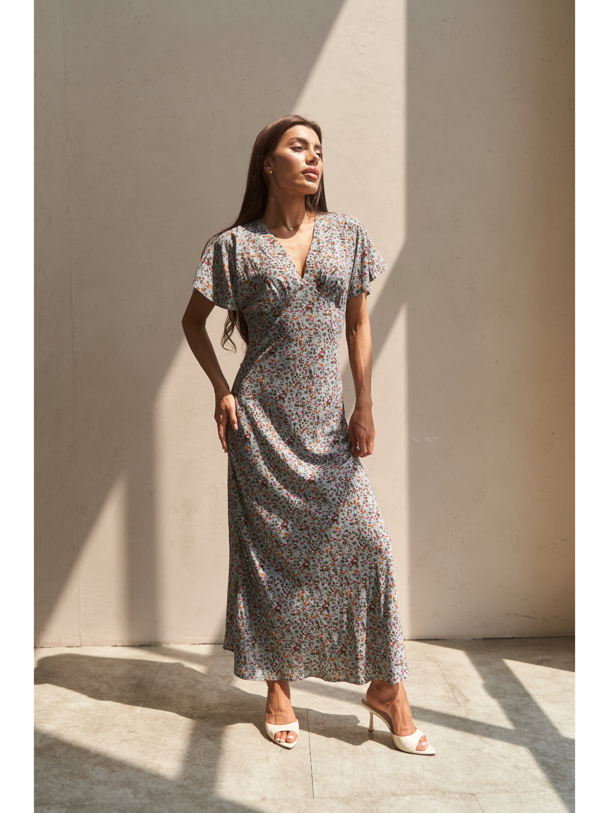 Grey cotton maxi dress with flowers - UFS.store.ua