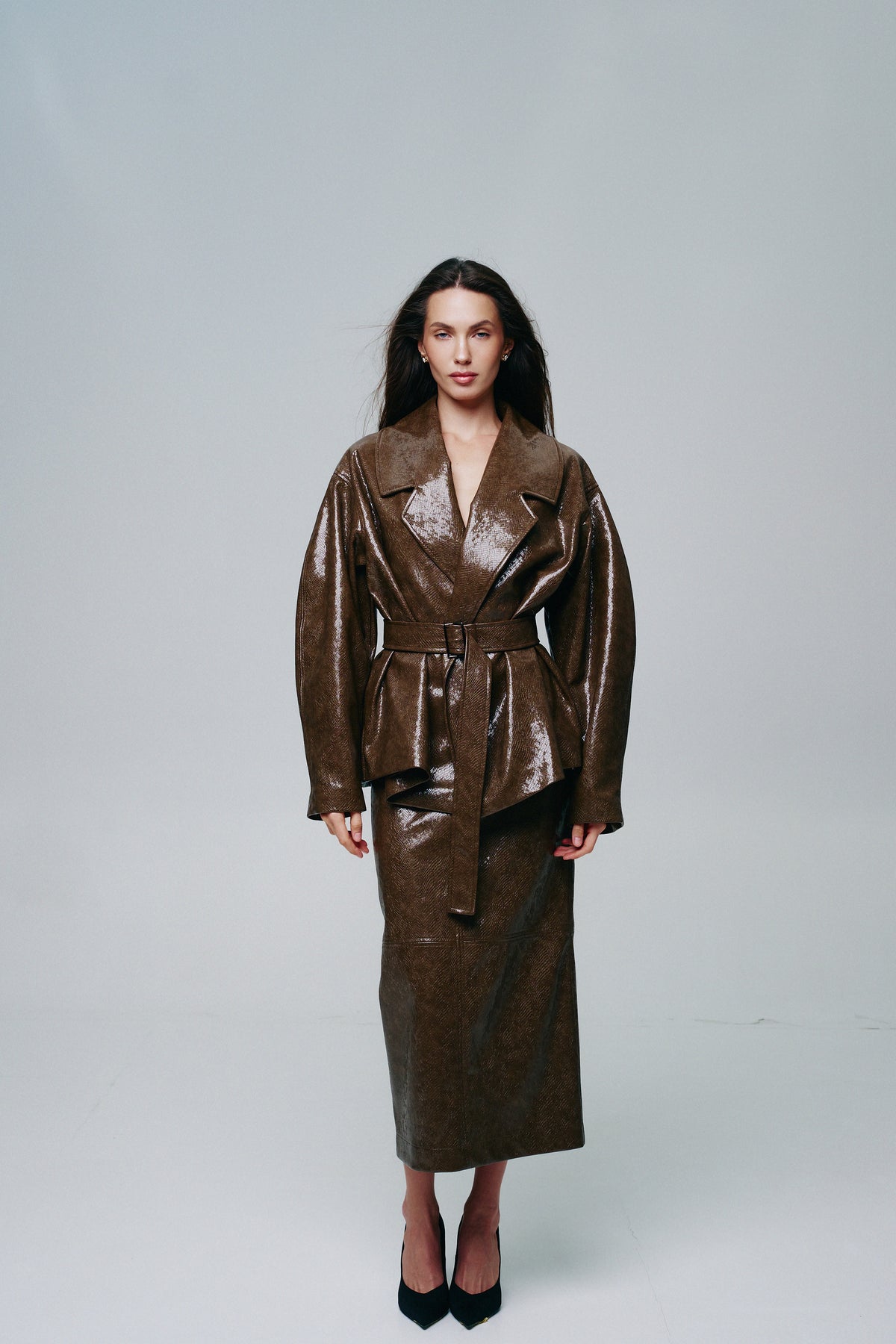 Reptile-Effect Patent Faux Leather Belted Jacket