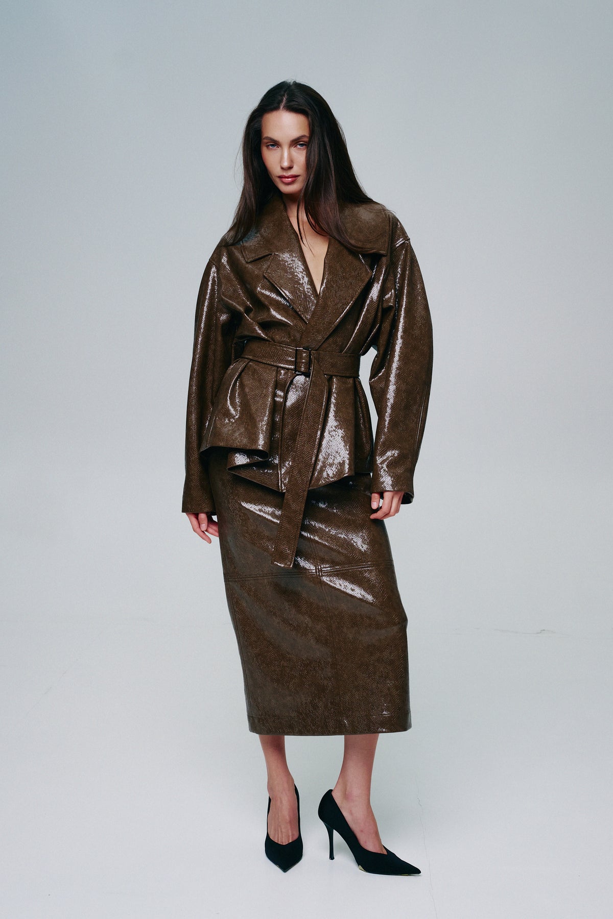 Reptile-Effect Patent Faux Leather Midi Skirt