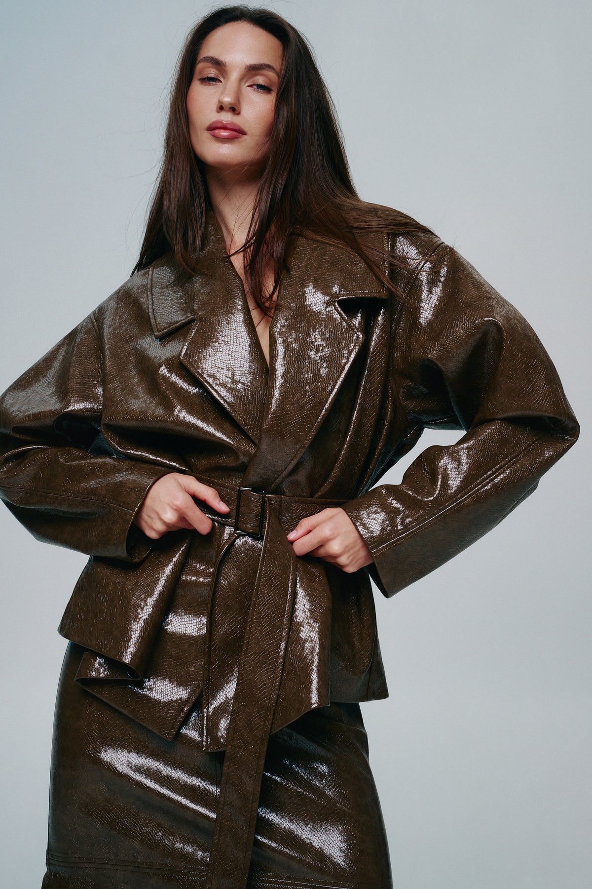 Reptile-Effect Patent Faux Leather Belted Jacket