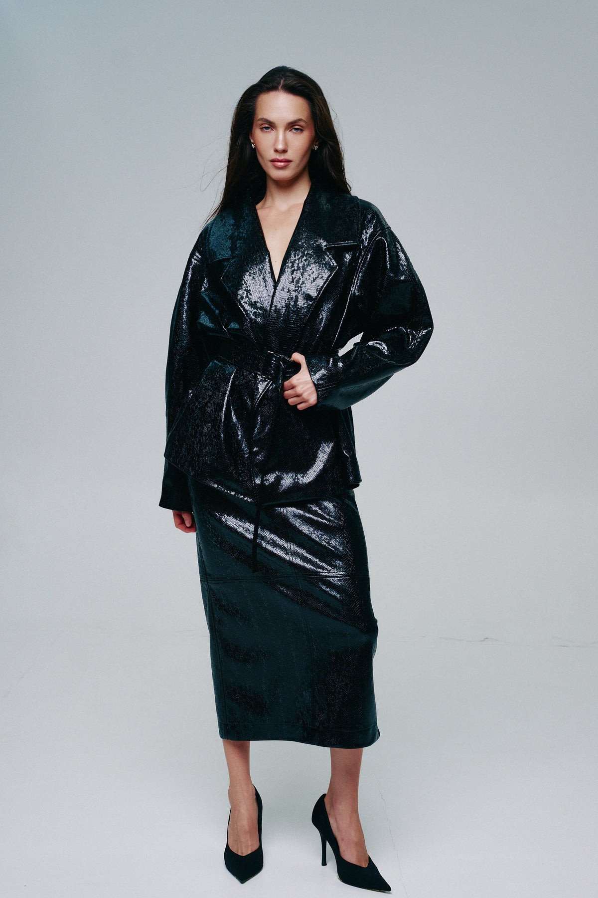 Reptile-Effect Patent Faux Leather Belted Jacket