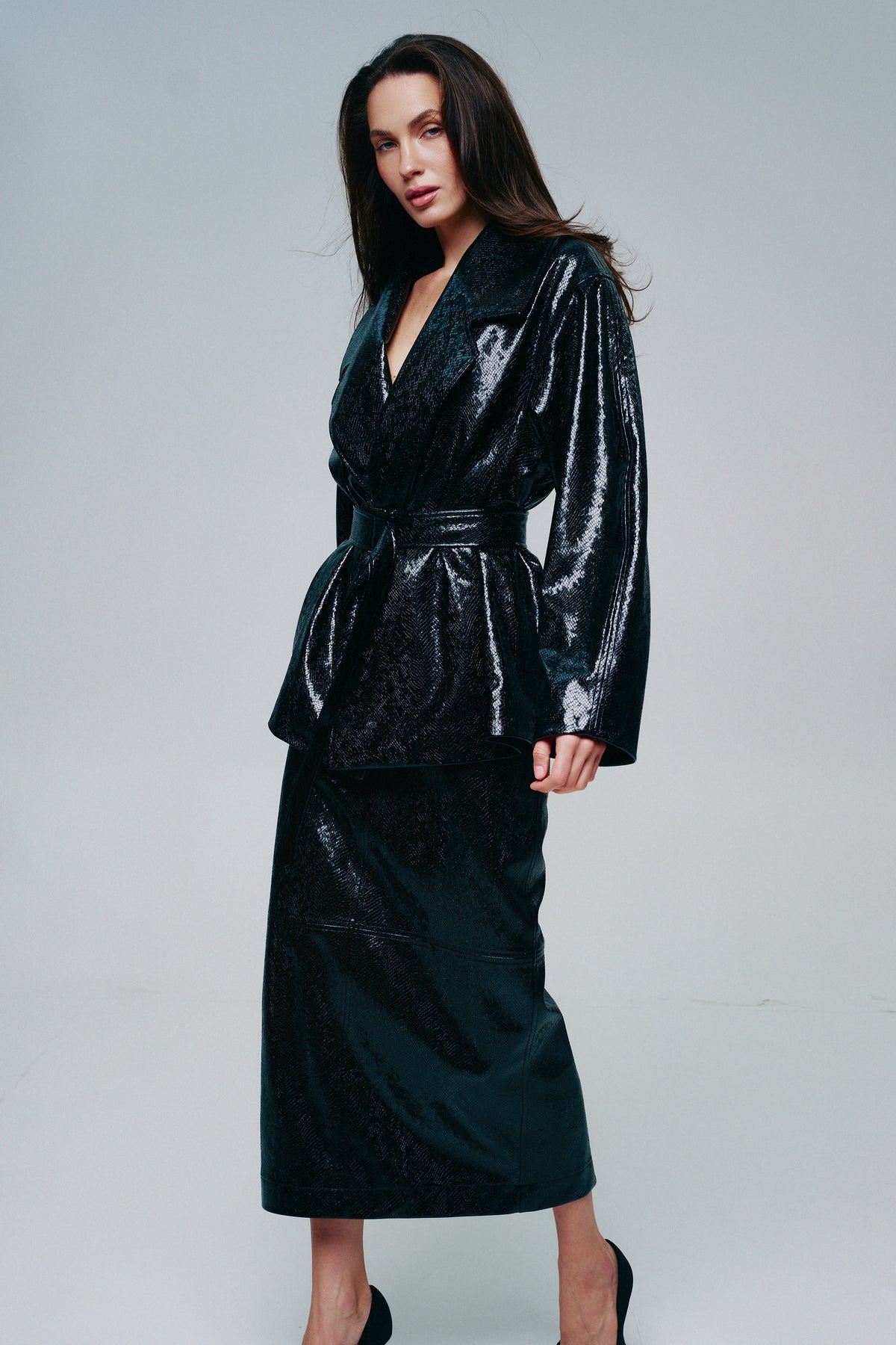 Reptile-Effect Patent Faux Leather Midi Skirt