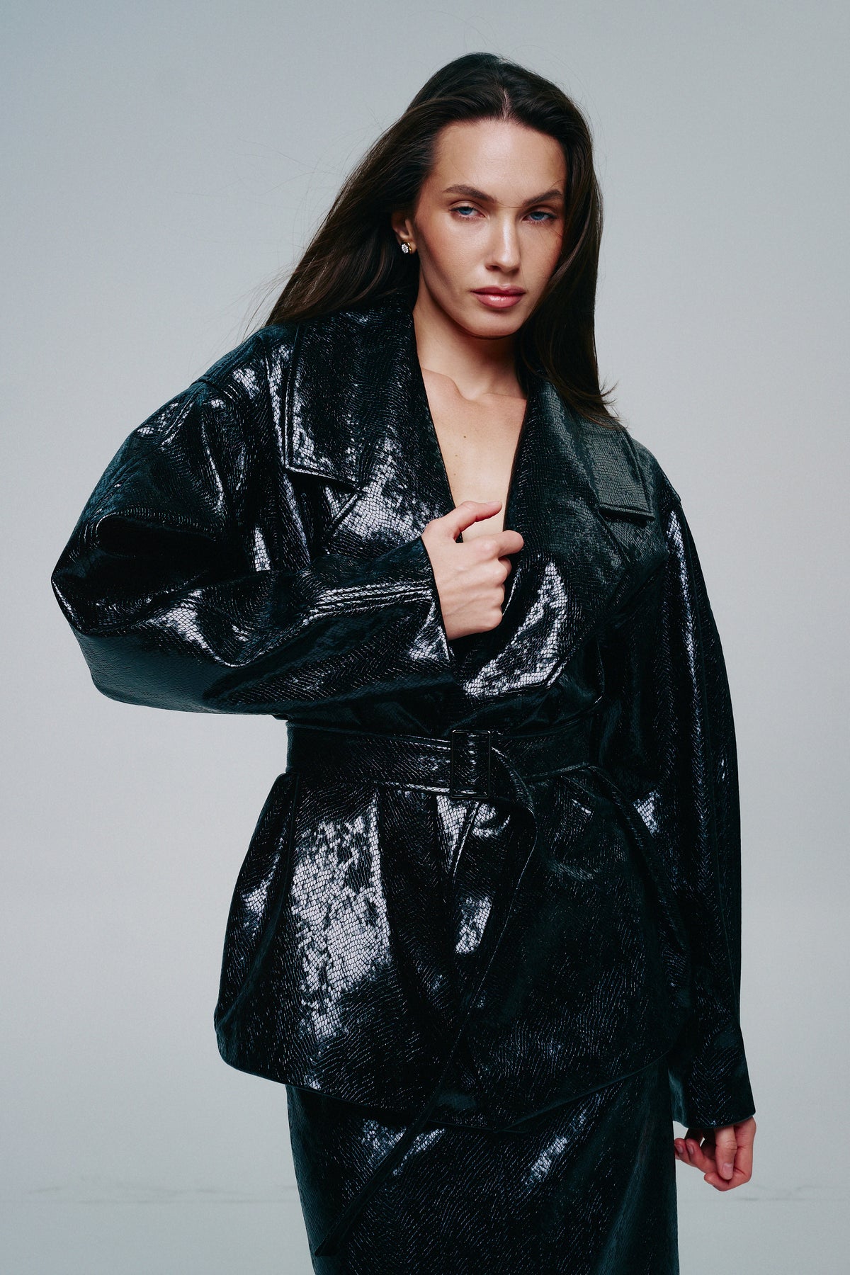 Reptile-Effect Patent Faux Leather Belted Jacket