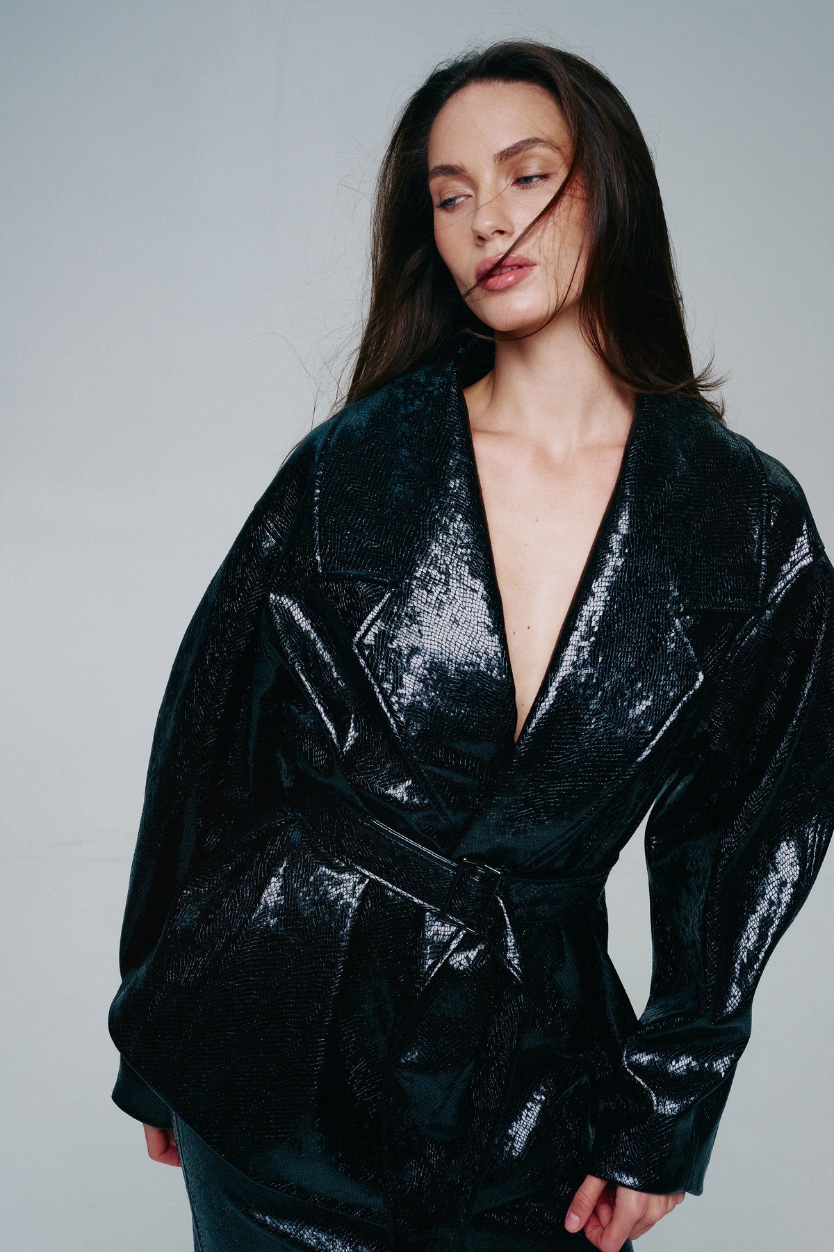Reptile-Effect Patent Faux Leather Belted Jacket
