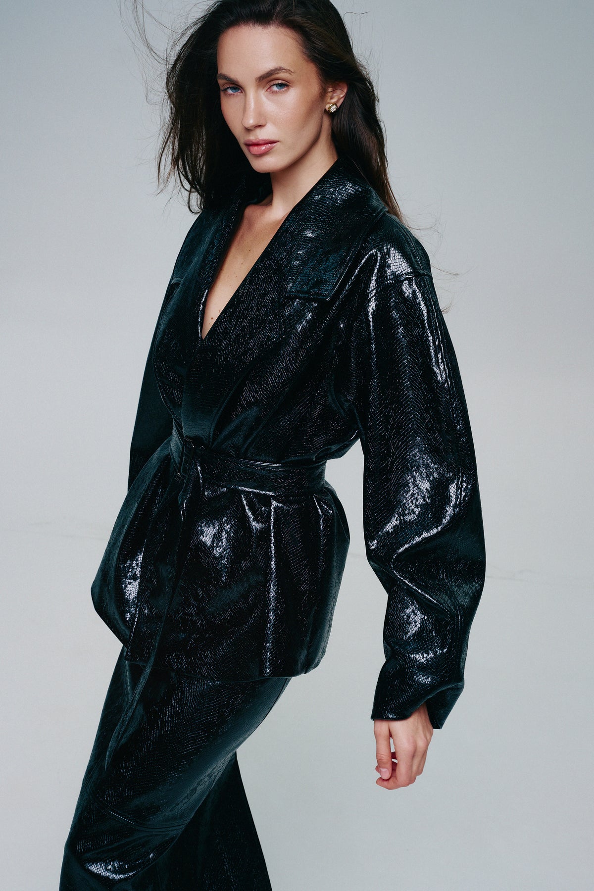 Reptile-Effect Patent Faux Leather Belted Jacket
