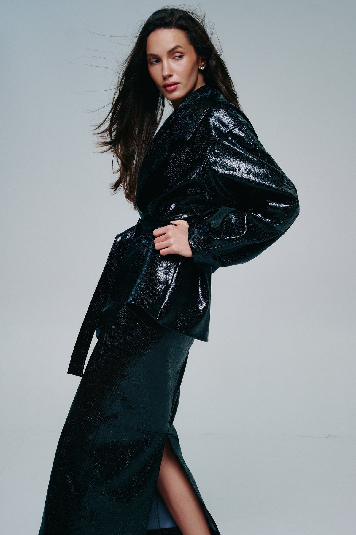 Reptile-Effect Patent Faux Leather Belted Jacket