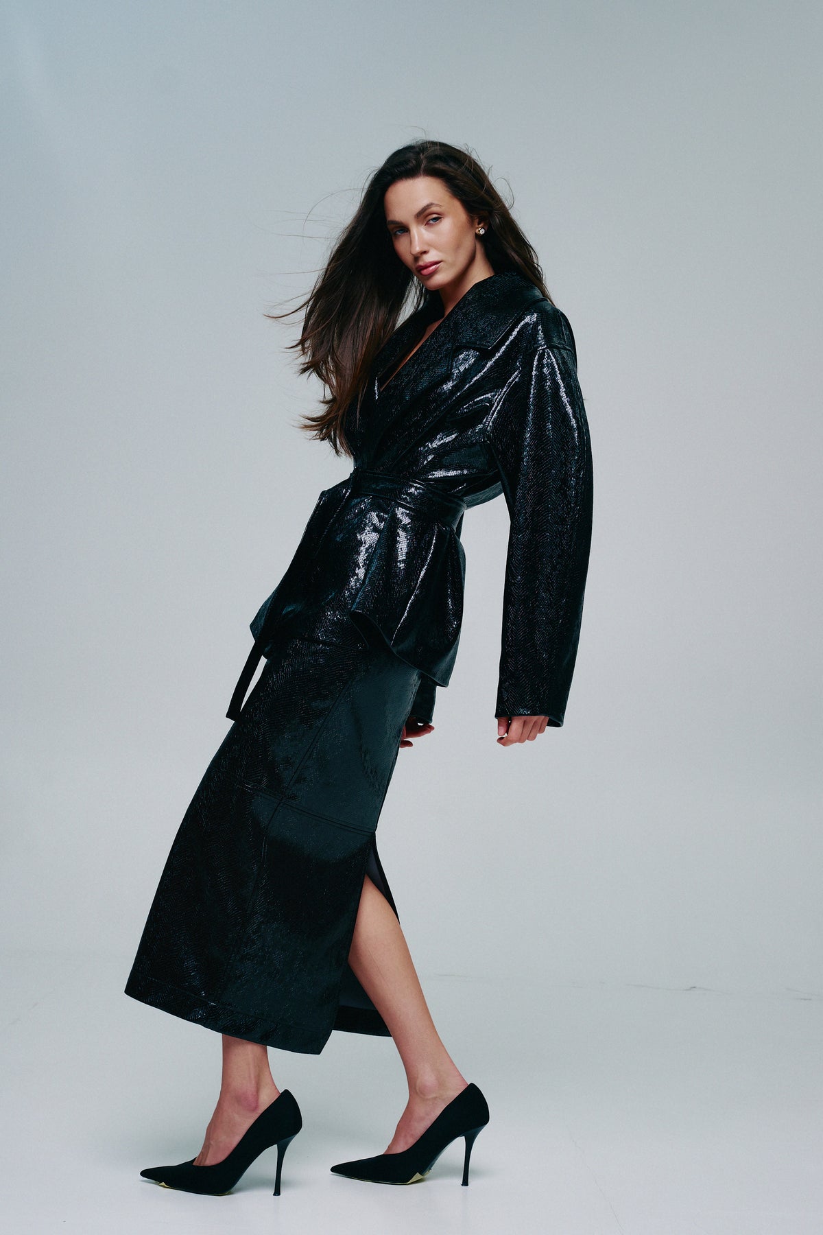 Reptile-Effect Patent Faux Leather Midi Skirt