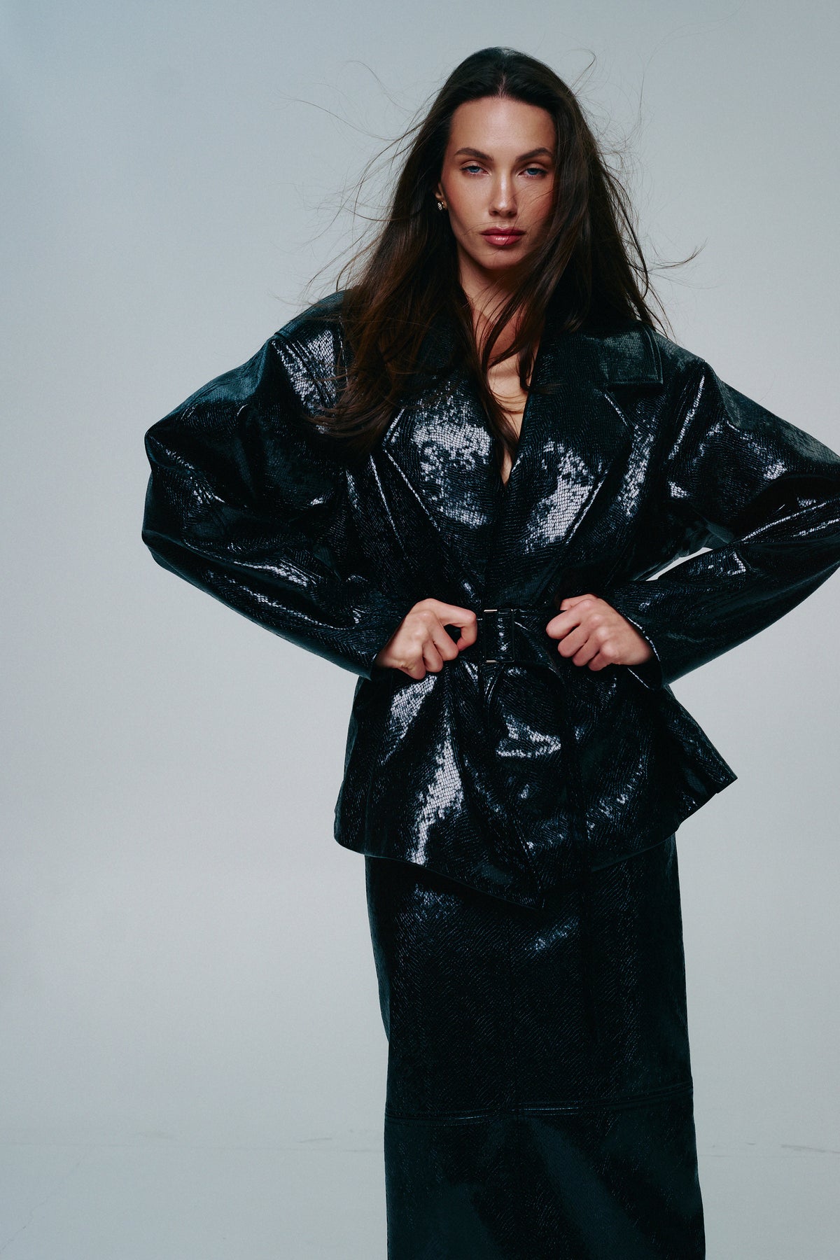 Reptile-Effect Patent Faux Leather Midi Skirt
