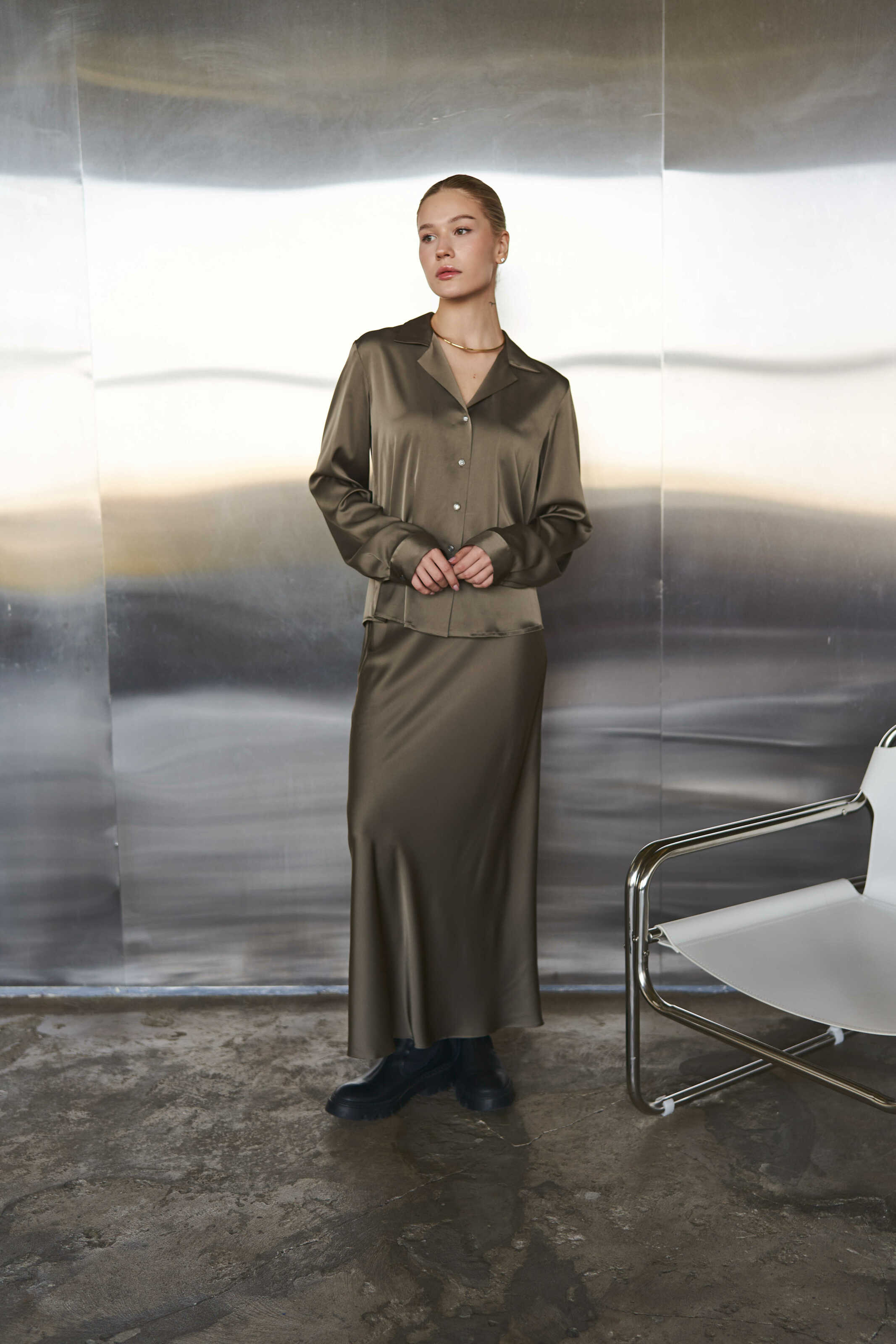 Silk Maxi Skirt Khaki