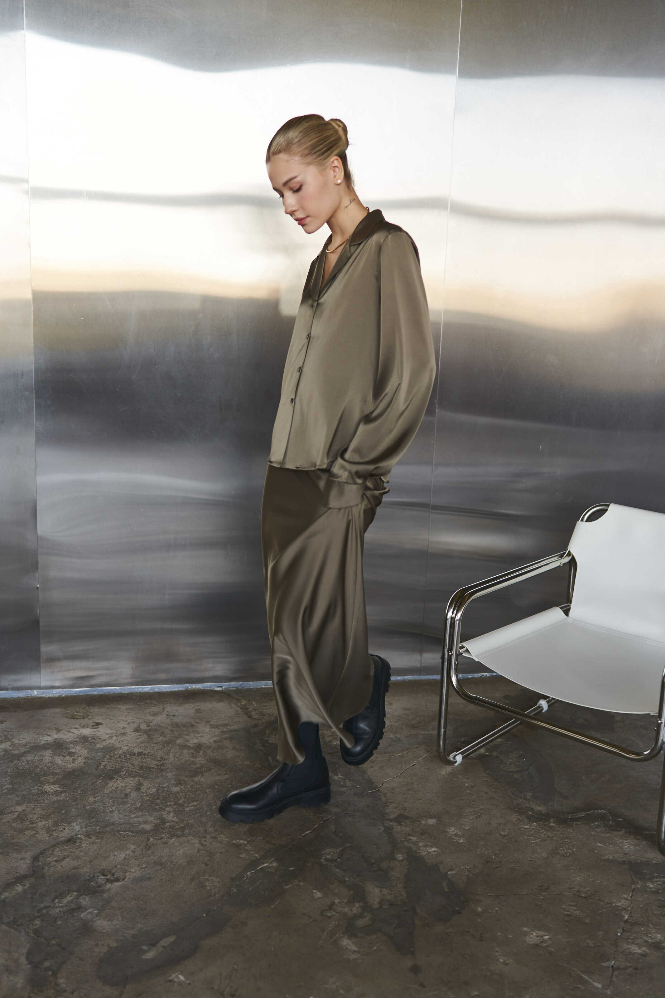 Silk Maxi Skirt Khaki