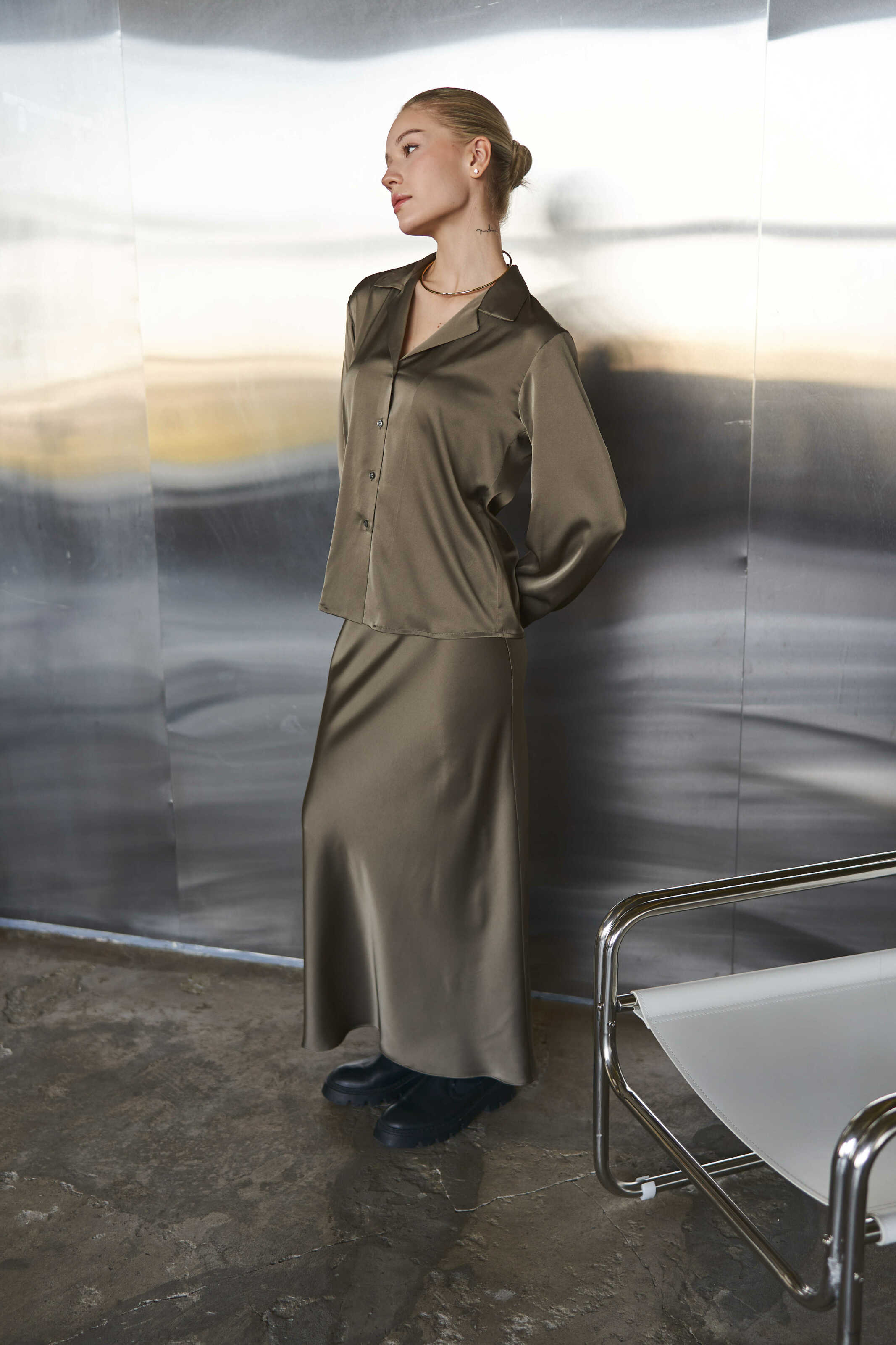Silk Maxi Skirt Khaki