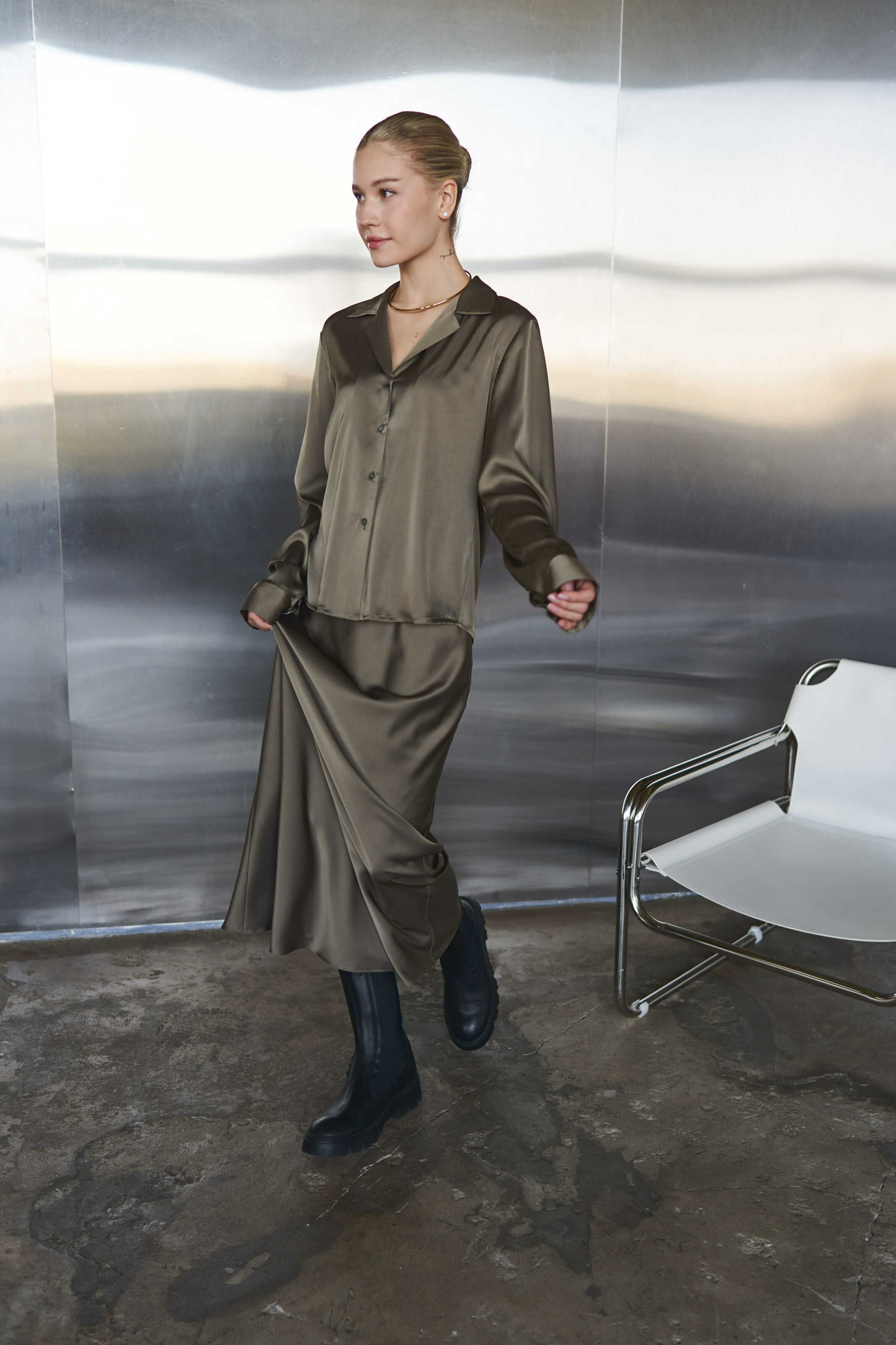 Silk Maxi Skirt Khaki