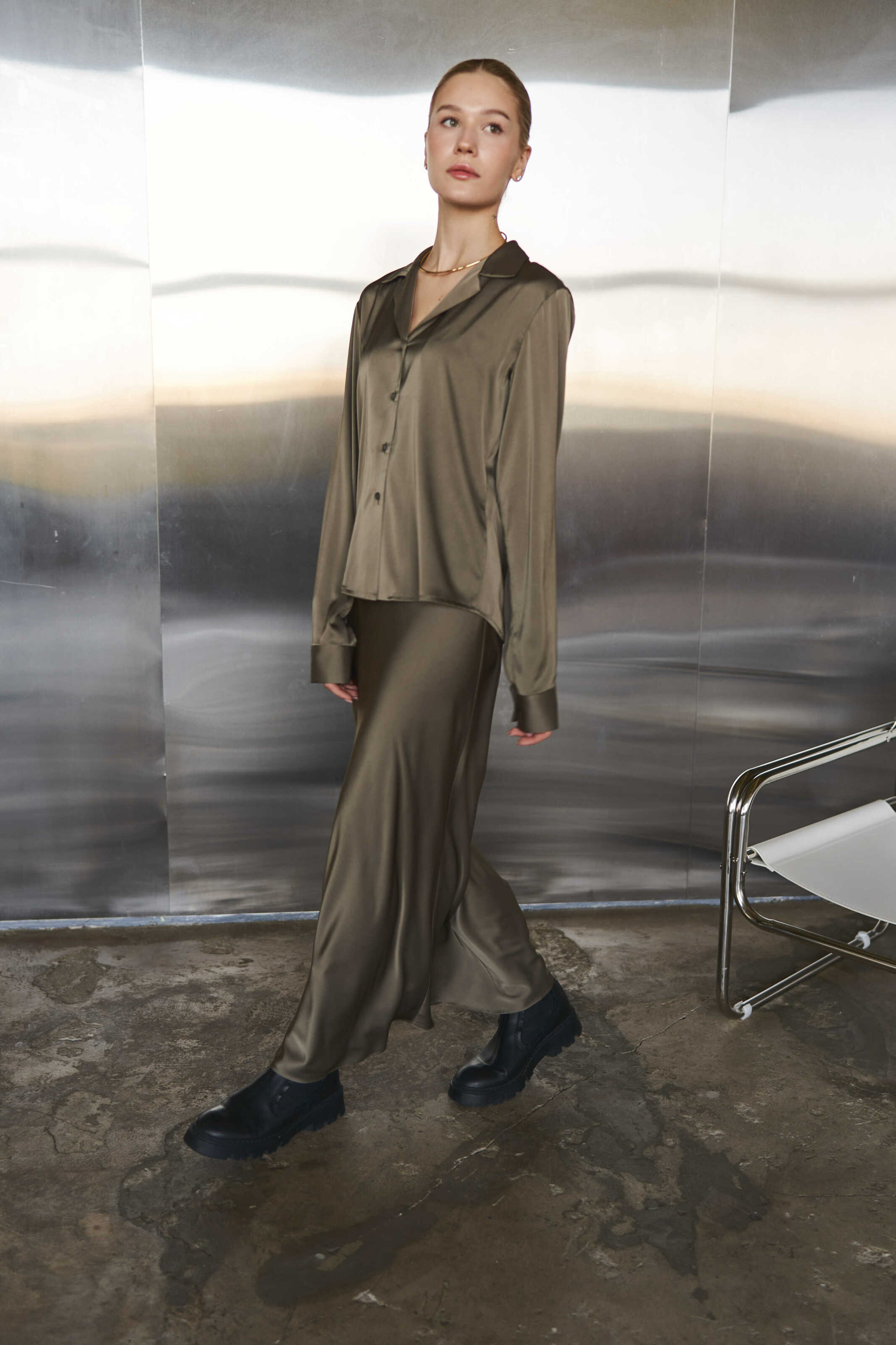 Silk Maxi Skirt Khaki