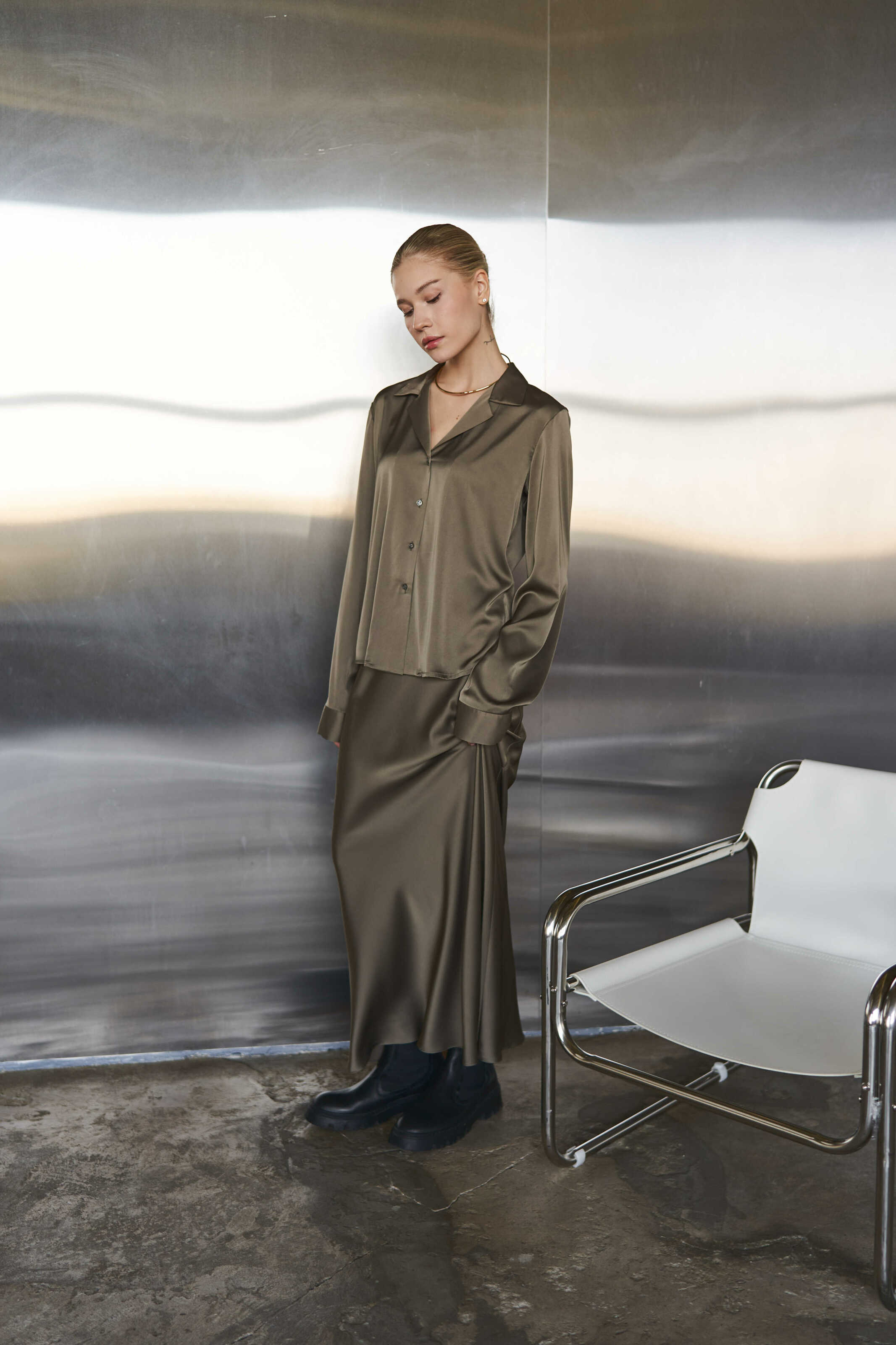Silk Maxi Skirt Khaki