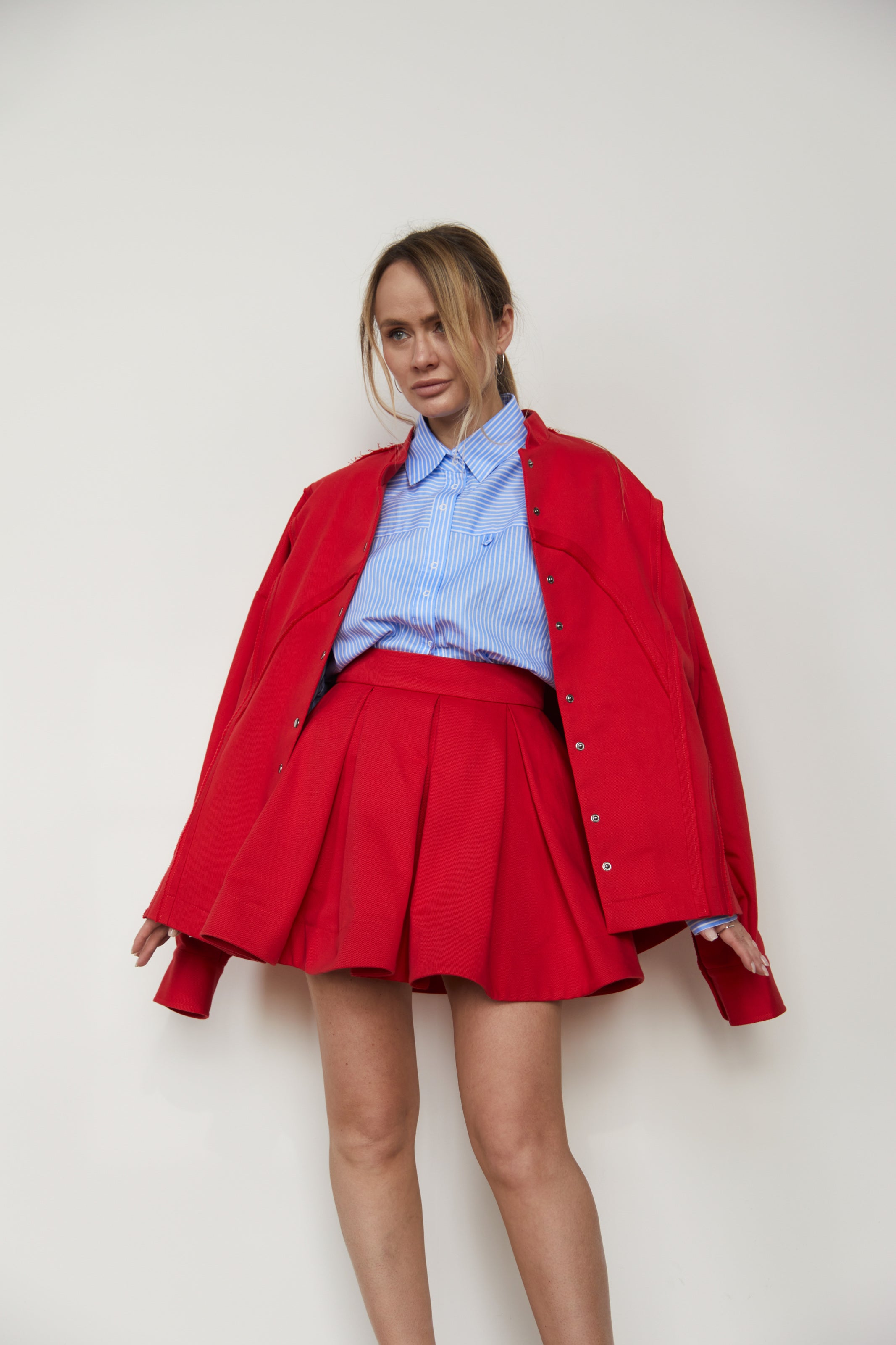 Skirt-ruffle denim/cotton Red