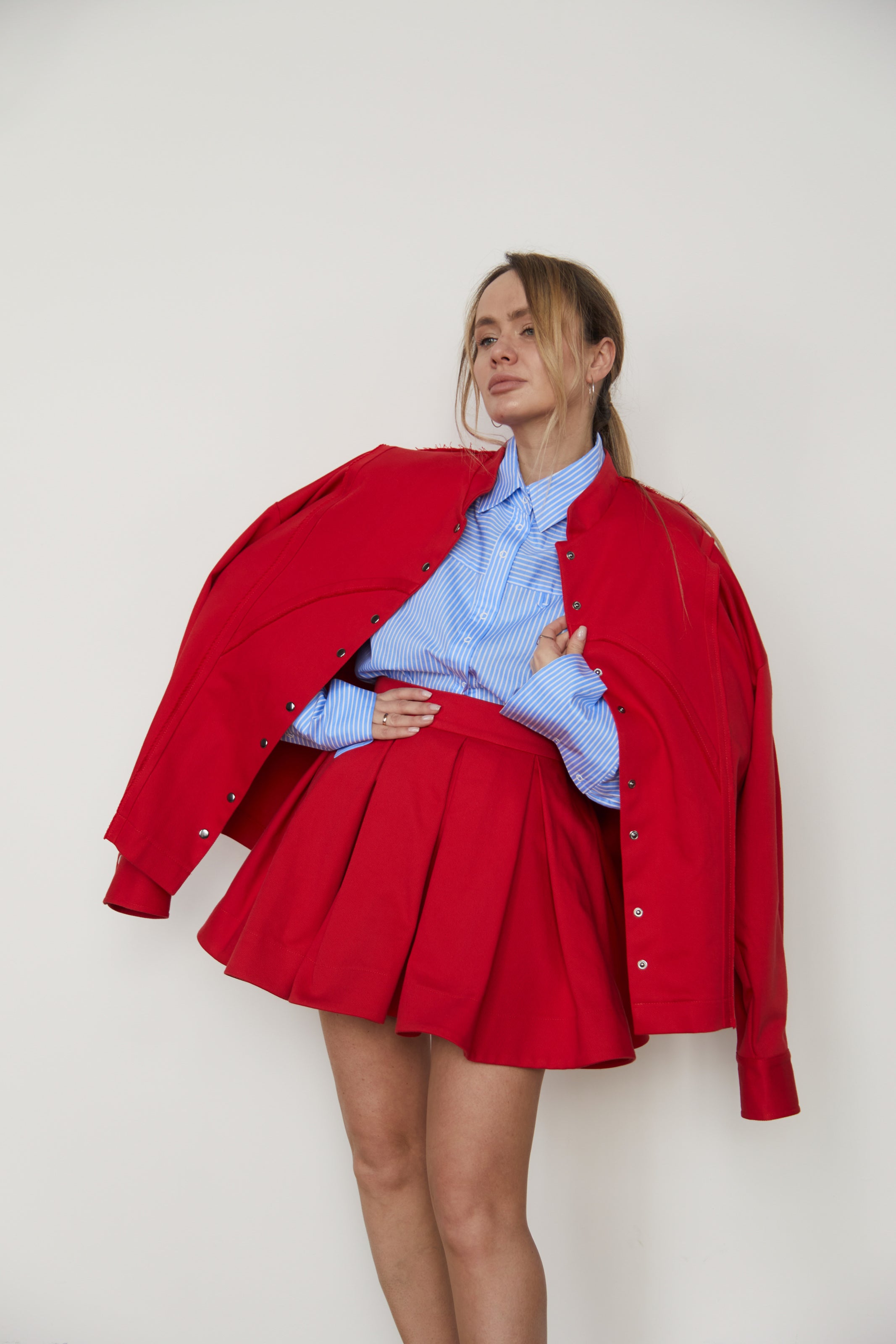 Skirt-ruffle denim/cotton Red