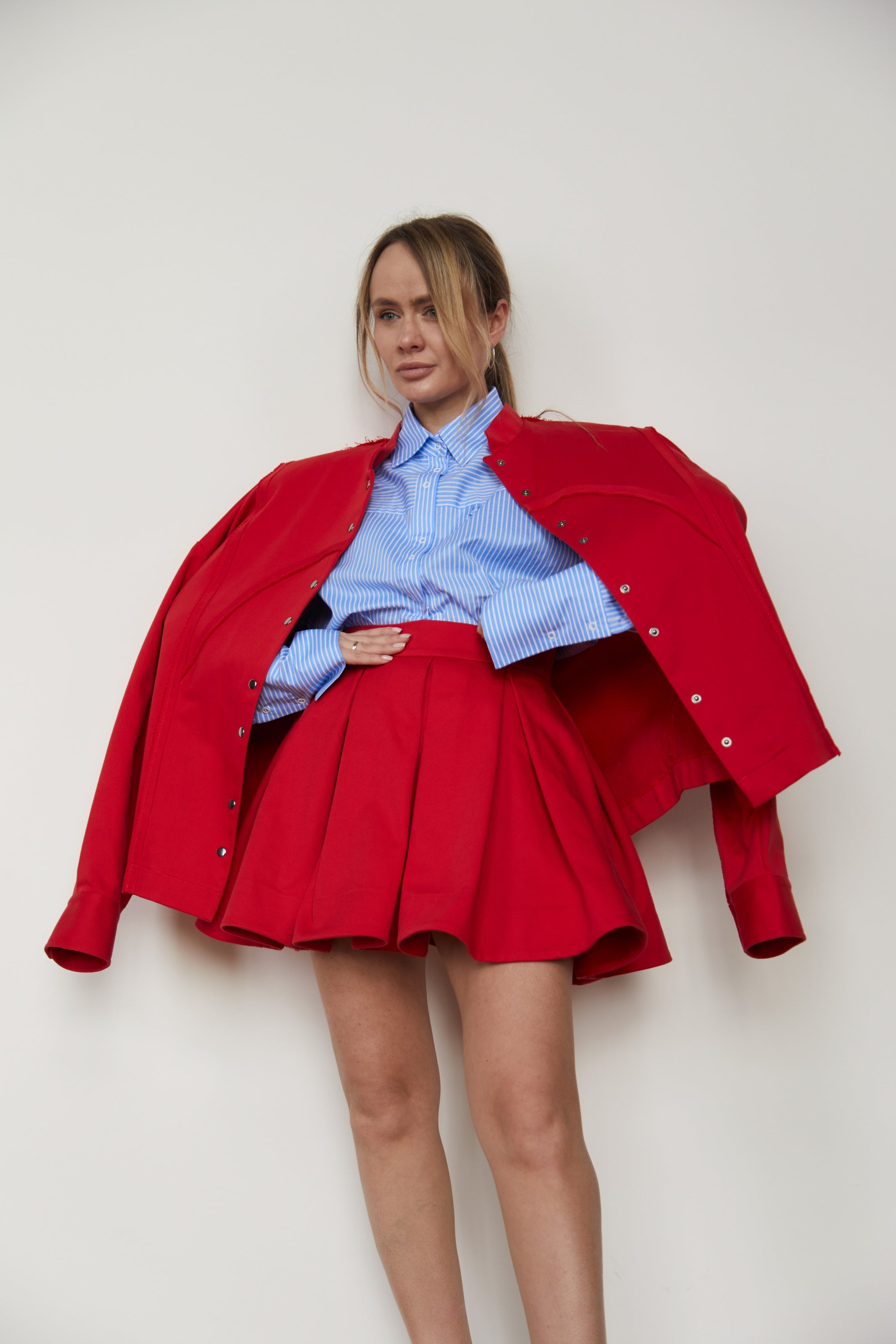 Skirt-ruffle denim/cotton Red