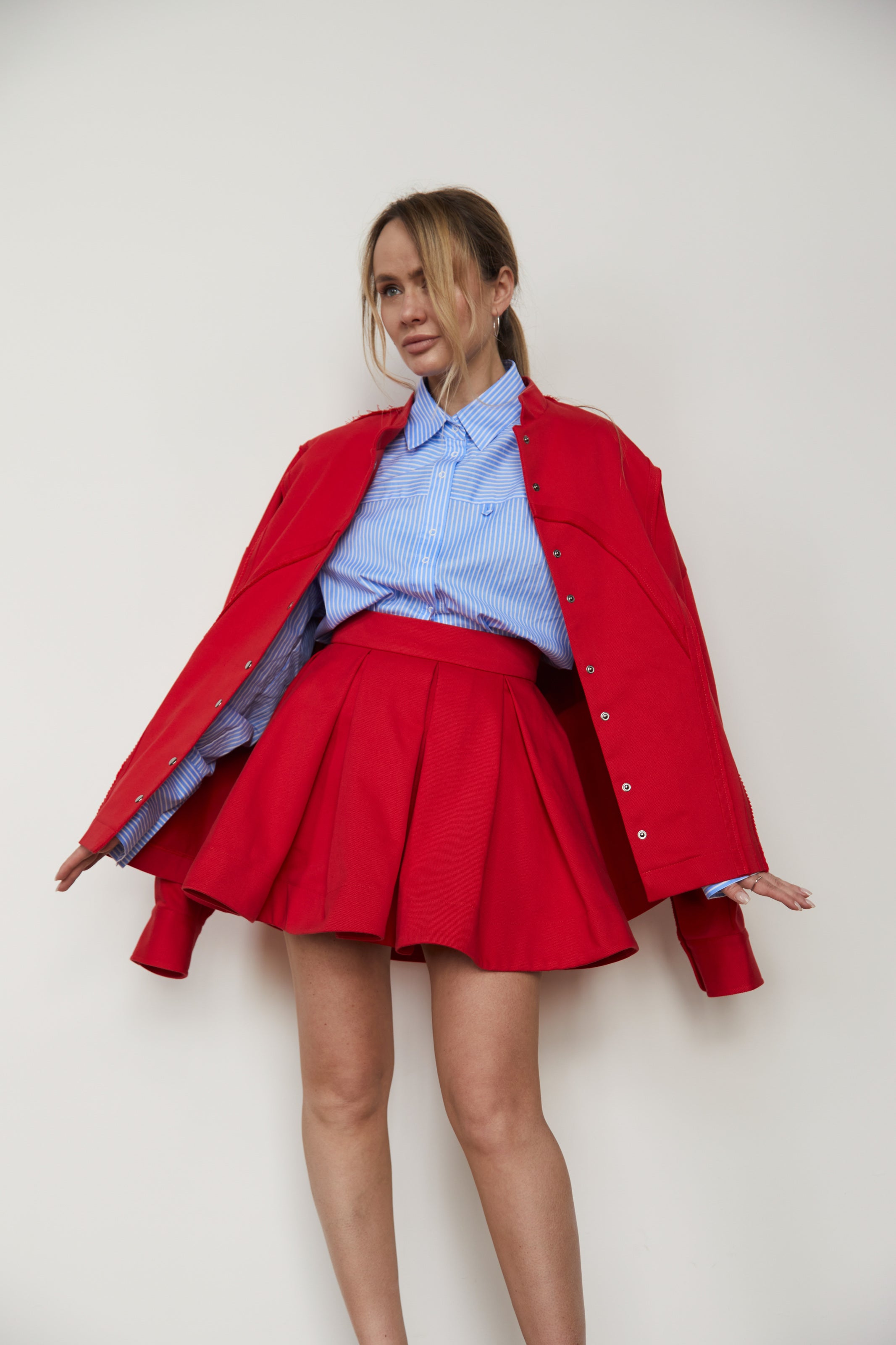 Skirt-ruffle denim/cotton Red