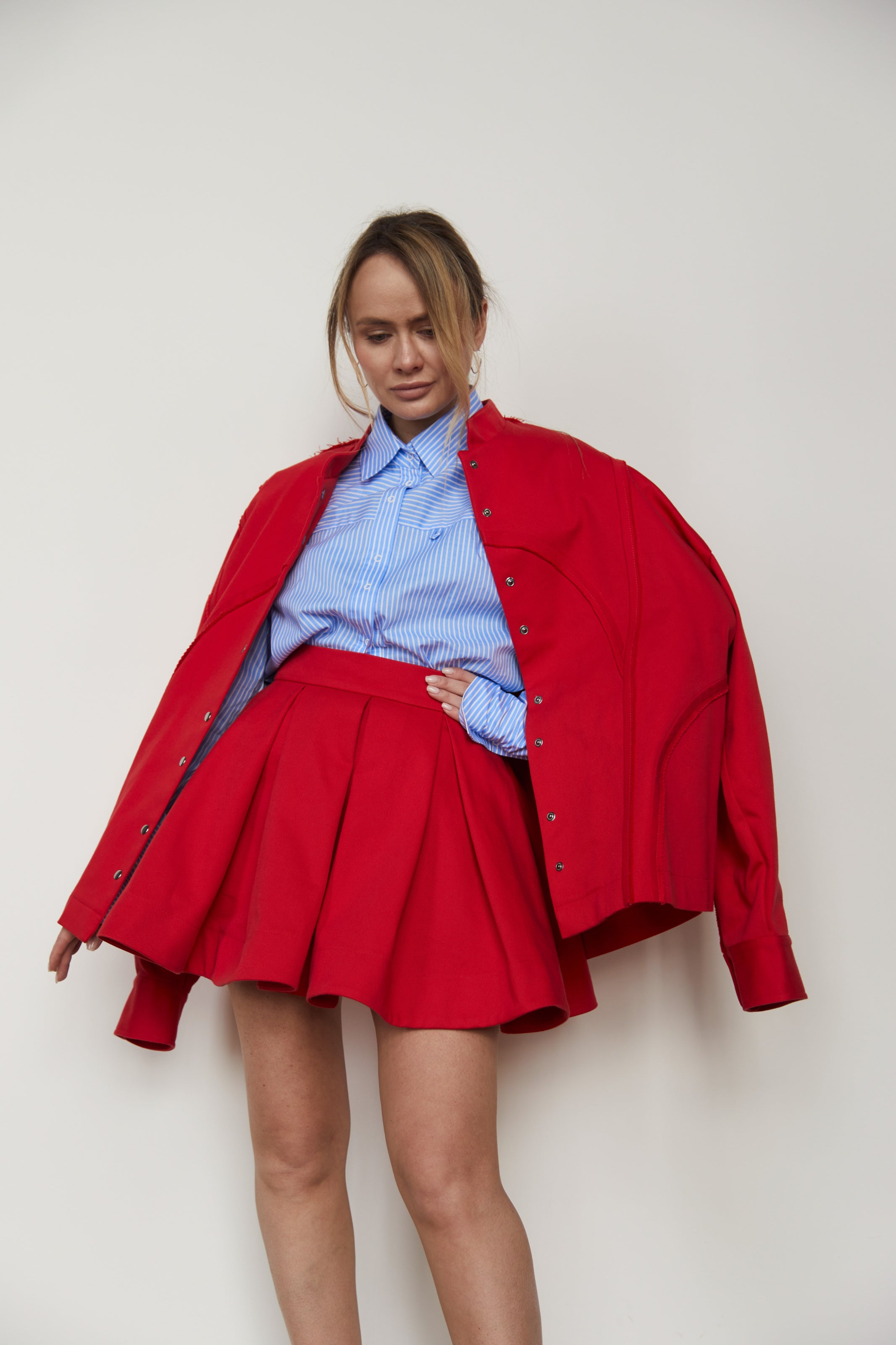 Skirt-ruffle denim/cotton Red
