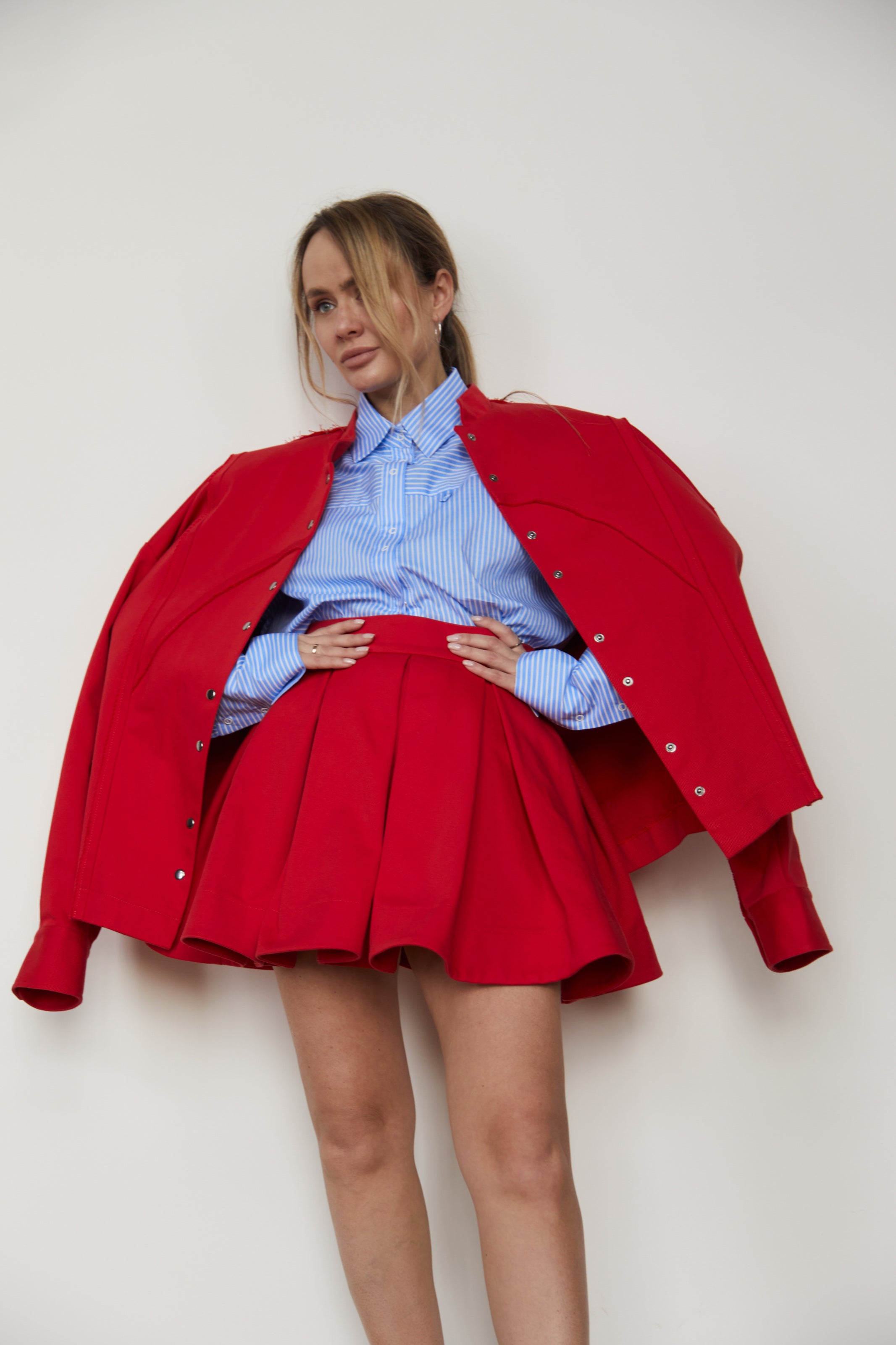 Skirt-ruffle denim/cotton Red