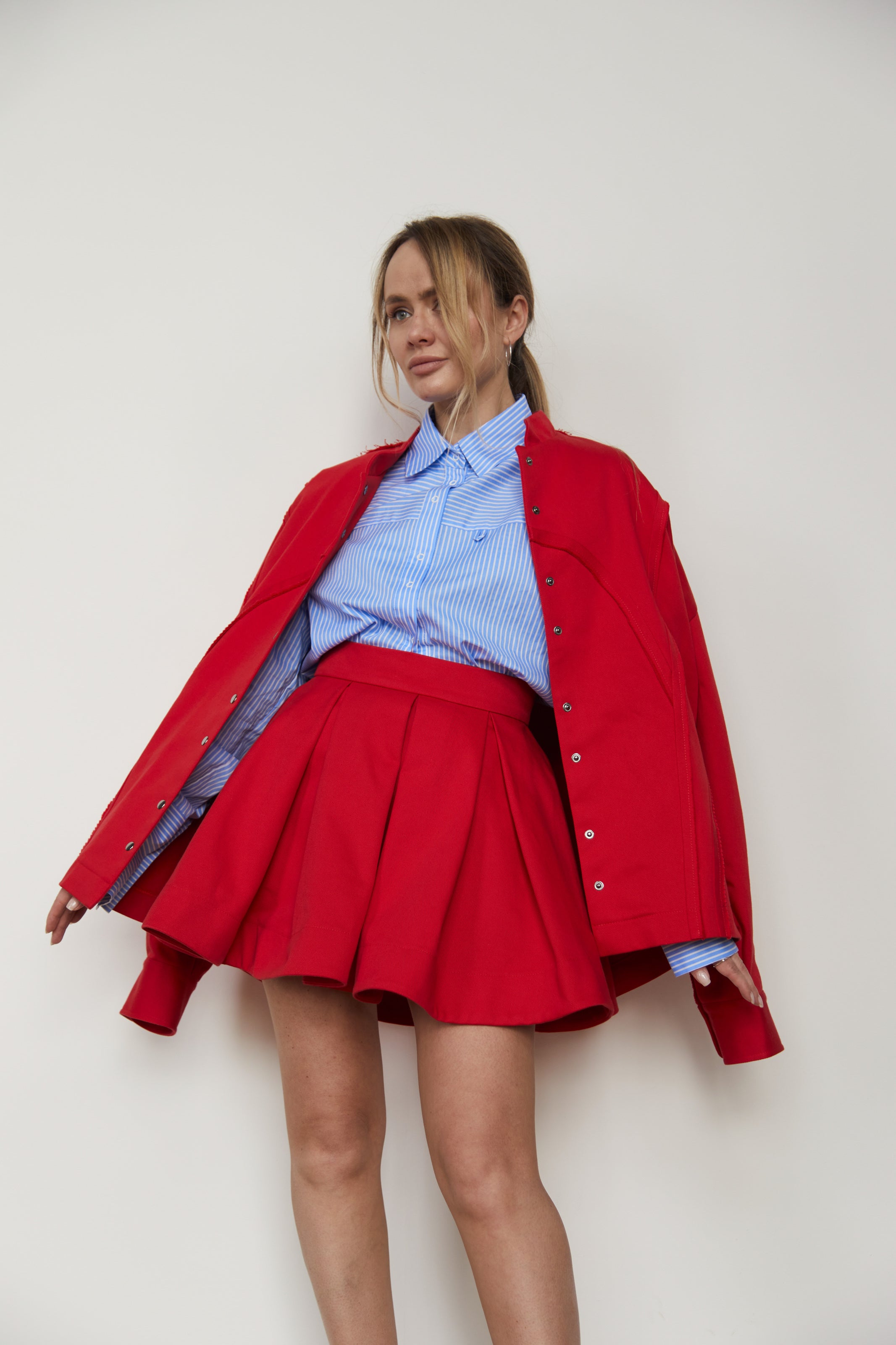 Skirt-ruffle denim/cotton Red