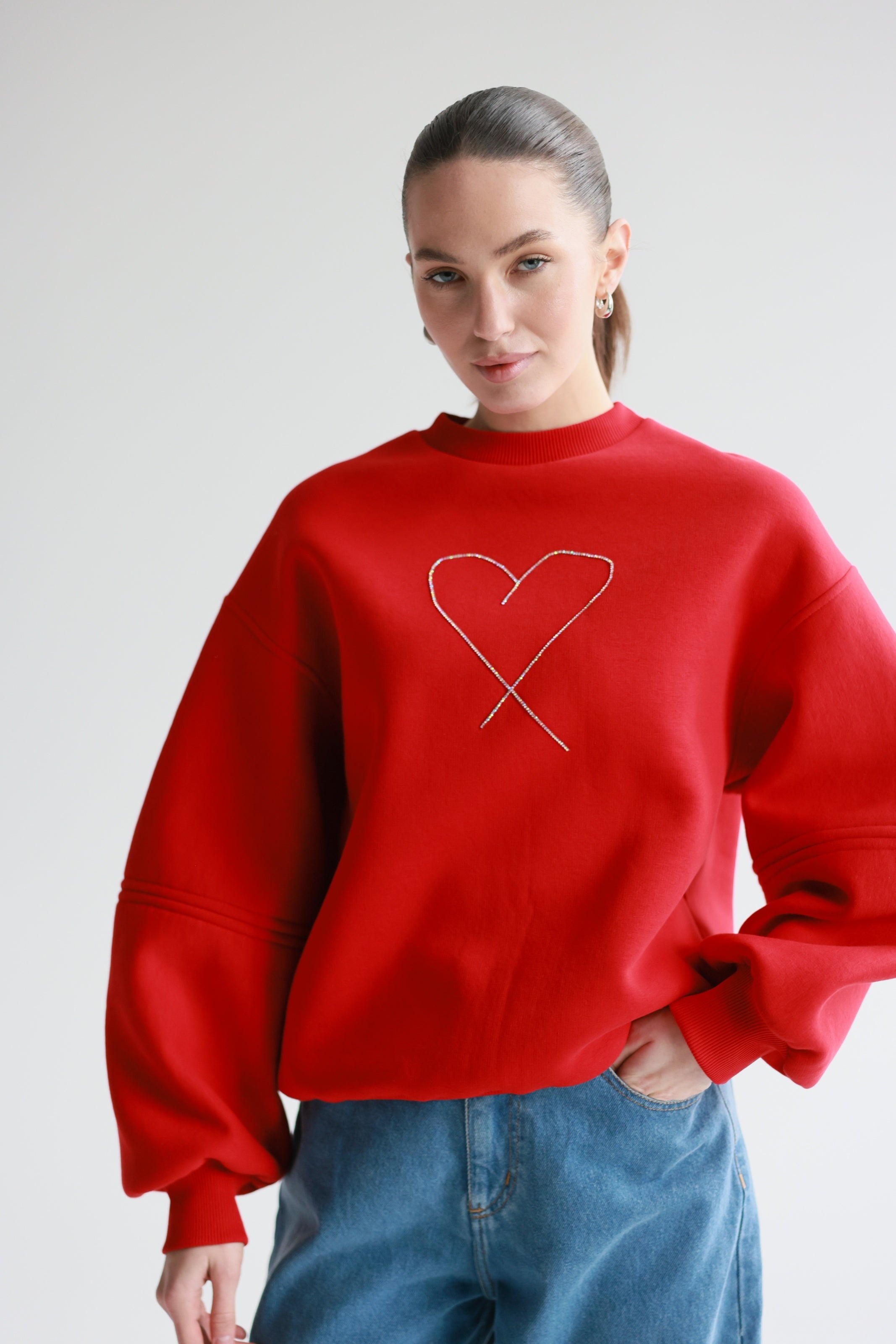 Red Rhinestone Knit Sweatshirt