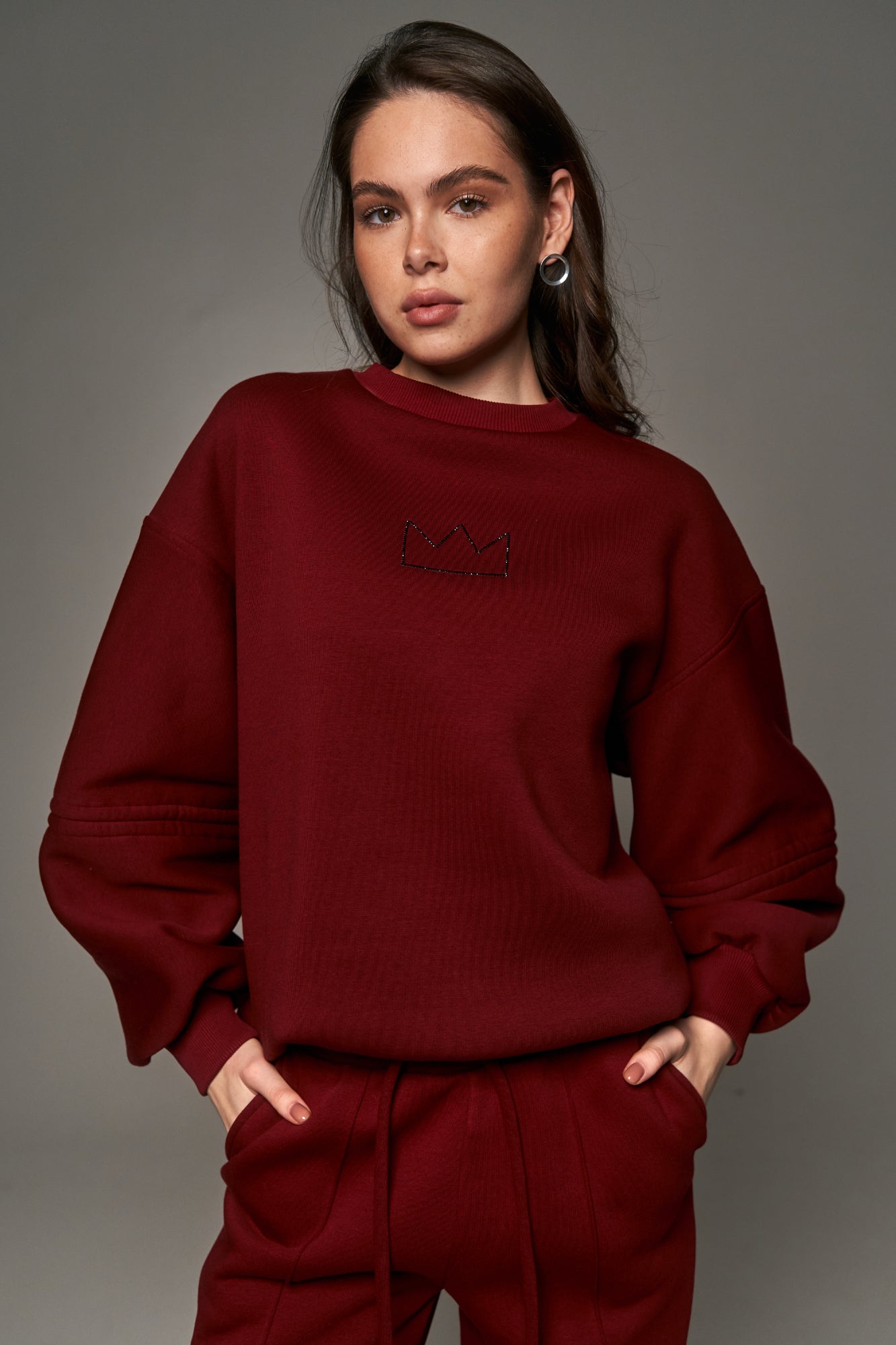 Rhinestone Fleece Sweatshirt Marsala