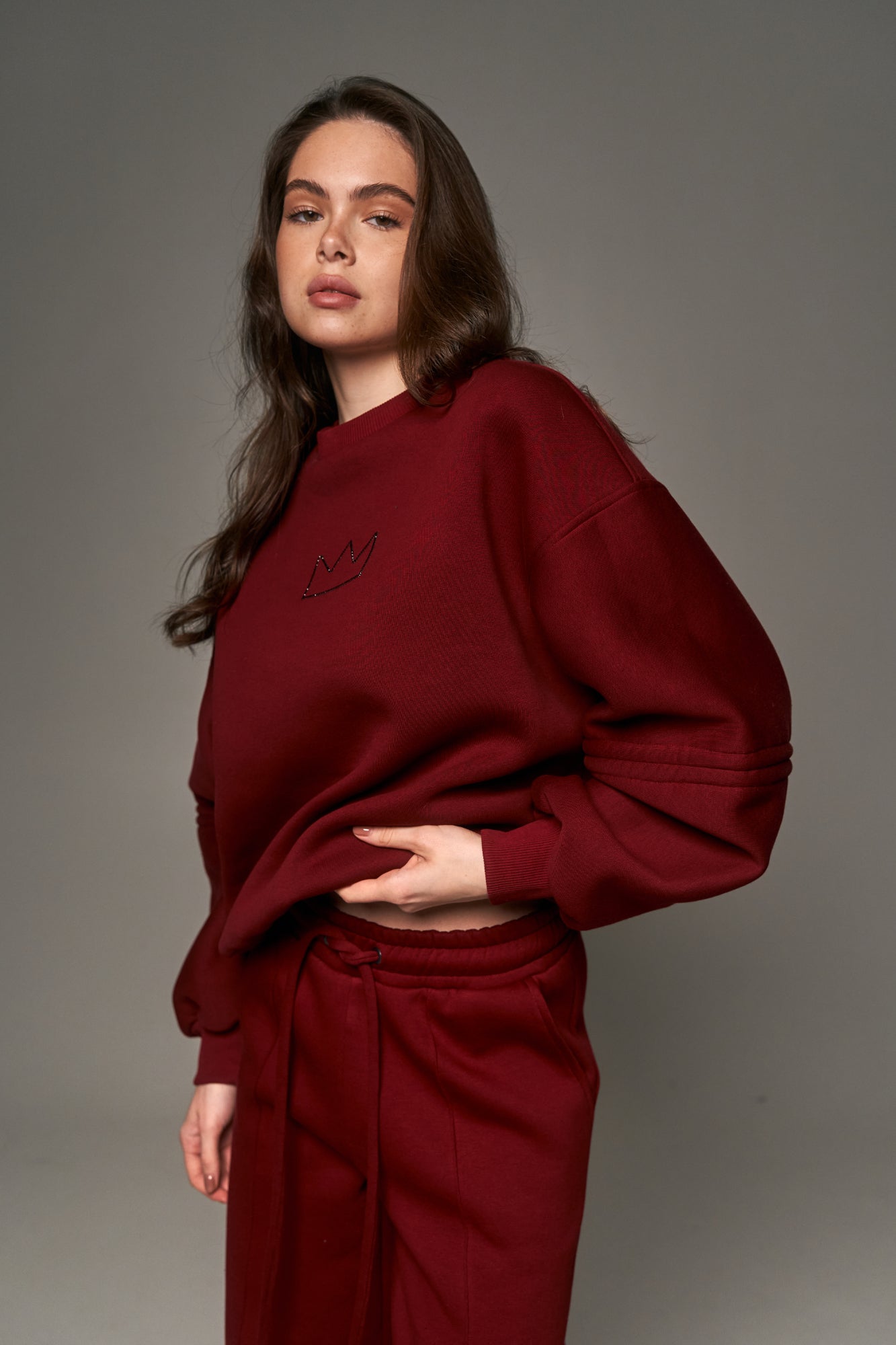 Rhinestone Fleece Sweatshirt Marsala