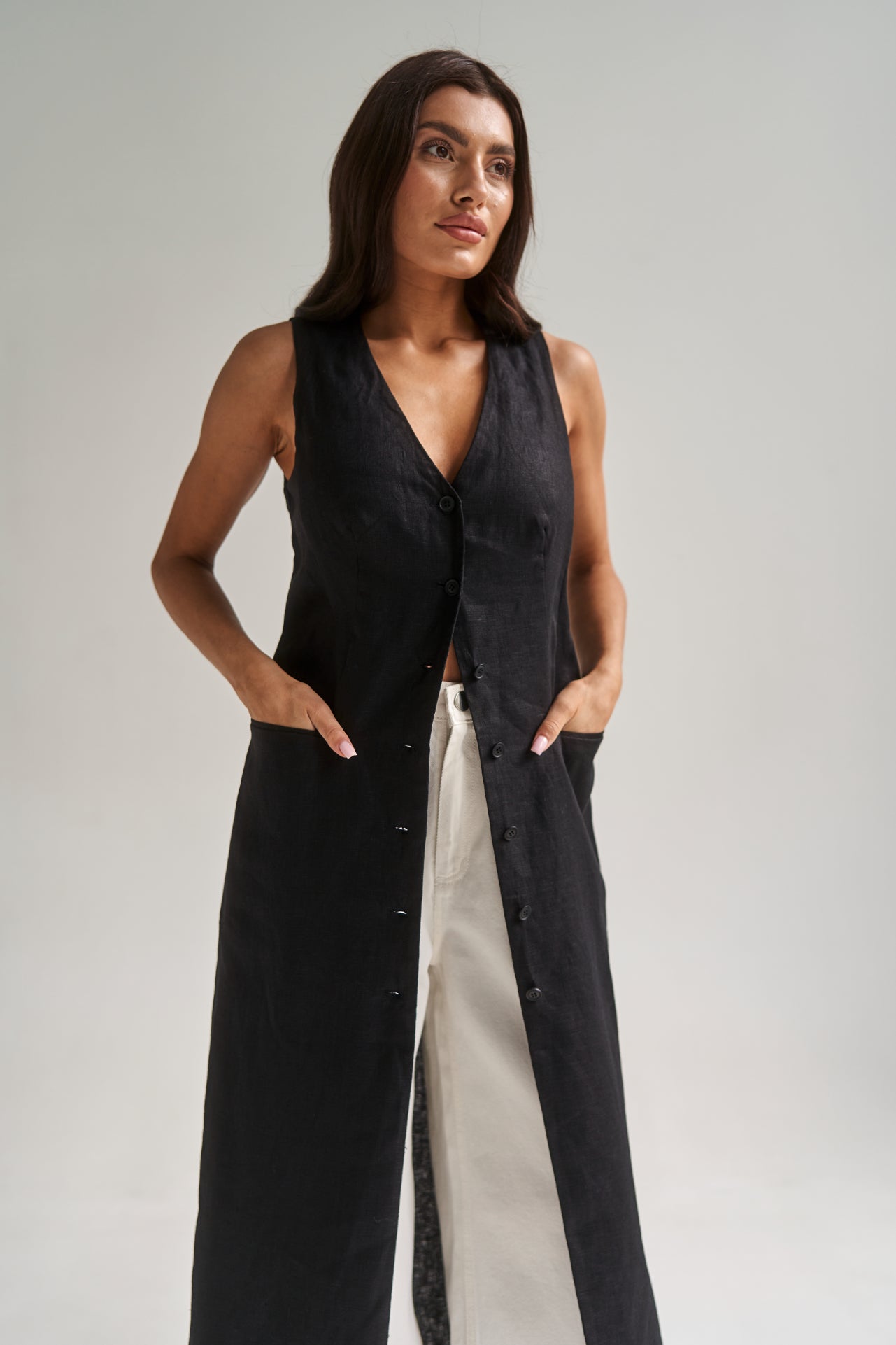 Longline Black Linen Vest